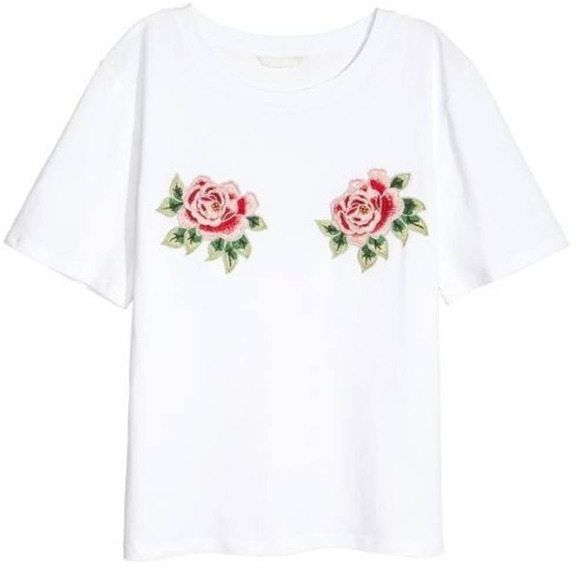 H&M Tops - H&M Embroidered Rose White Short Sleeve T-Shirt Women's Size XL